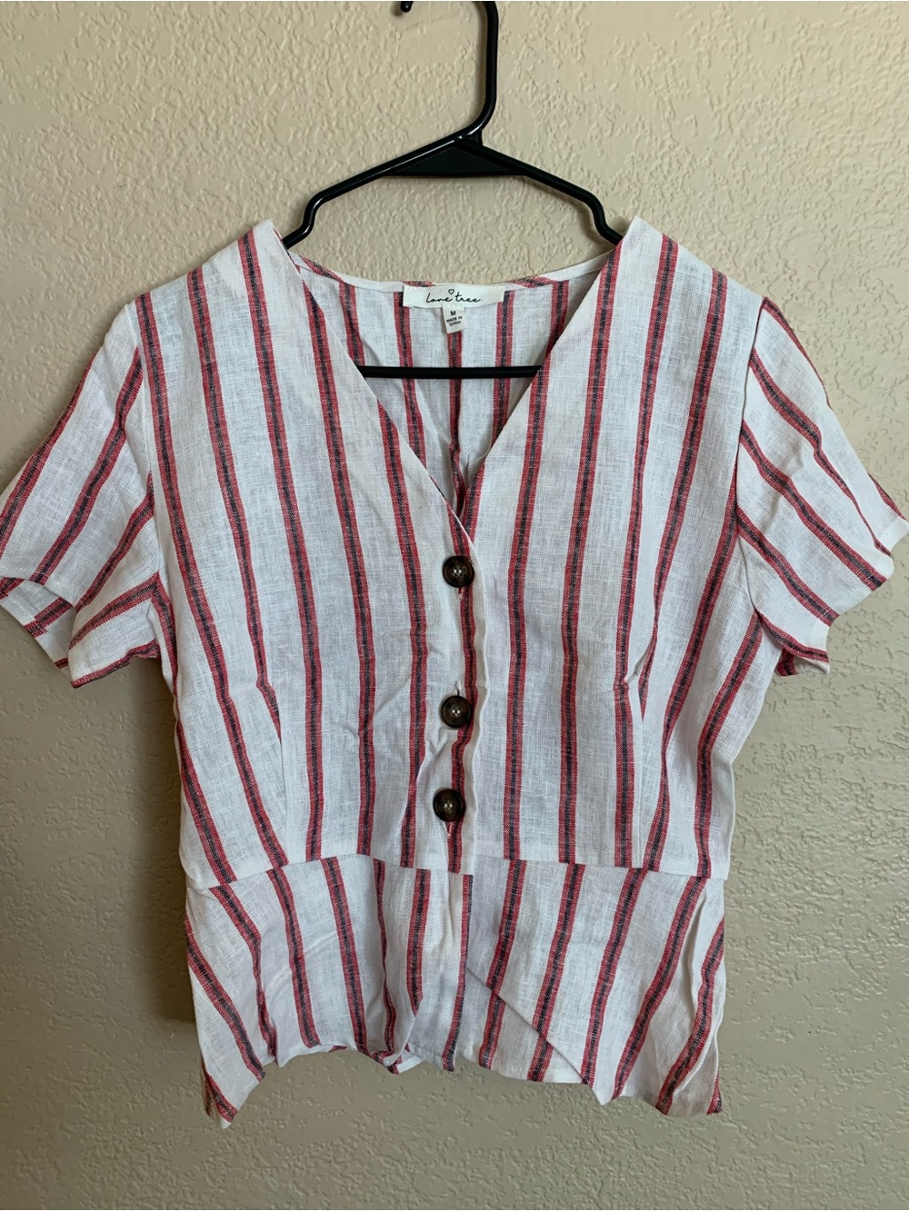 Love Tree White and Red Vertical Stripe Button-Front Blouse